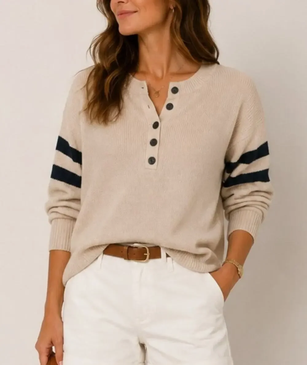 American Eagle Rugby Stripe Henley Sweater Medium Beige Ivy League Coastal Prep